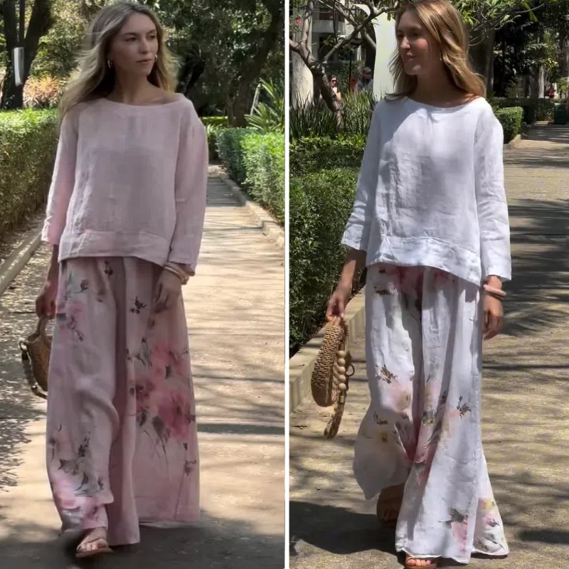 Kvinnors Blommönstrad Skjorta och Breda Benbyxor Set Högkvalitativt Tyg