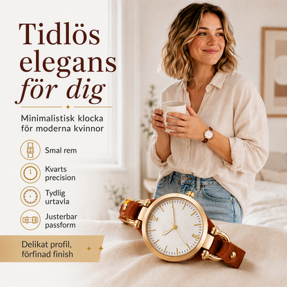 Lyxigt och elegant damur med smalt armband, vintage-läderrem och kvartsverk