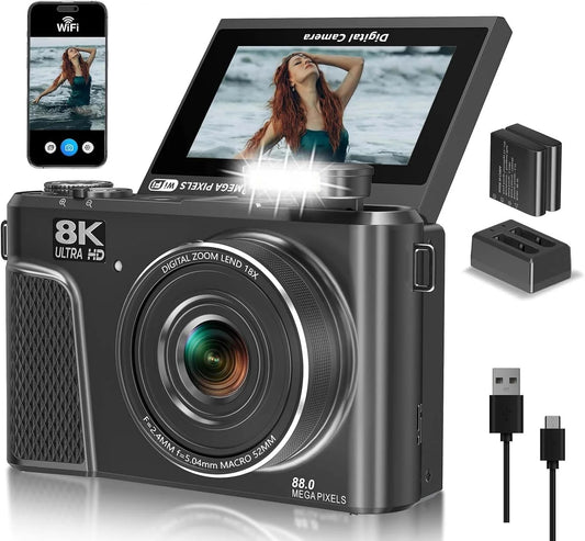 8K digitalkamera med 88 MP och 3-tums 180° vändbar skärm