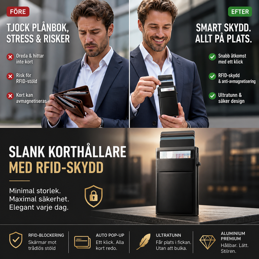 RFID-kortfodral i aluminiumlegering med automatisk utmatning, skydd mot bedrägeri och avmagnetisering