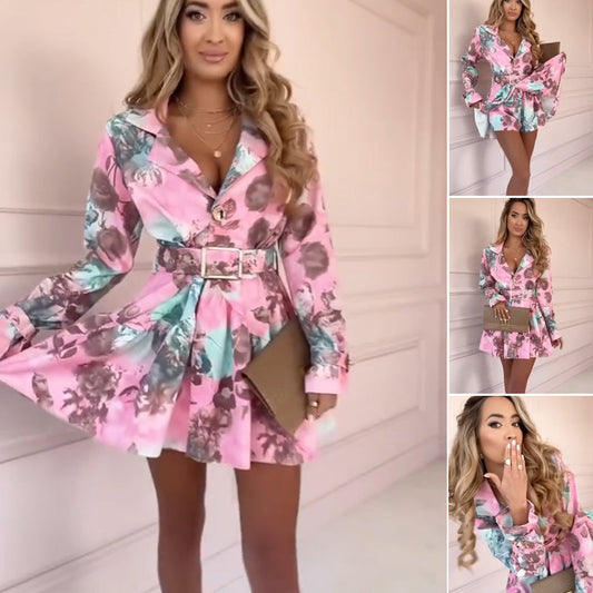 🔥Hot Sale🔥Kvinnors mode blommiga midjeförsedda långärmade klänningar