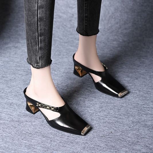🏖️Summer Specialerbjudanden🌴Kvinnor Casual Metall Square Toe Mid Block Heel Mule