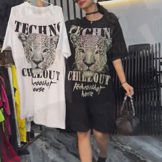 💗Sommarspecialerbjudanden ✨🐆 T-shirtklänning med överdimensionerade paljetter och leopardtryck för kvinnor
