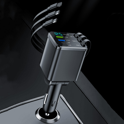 🔋 50% RABATT NU! 🚗 Snabbladdning 7-i-1 Utdragbar Snabbladdare för bil med spänningsdisplay – USB-C för Android & Lightning för Apple