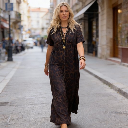 ⏰ 50 % rabatt! 🌸 Lång klänning med leopardmönster och v-ringning för dam – Ditt sommarmåste! ☀️🐆💃