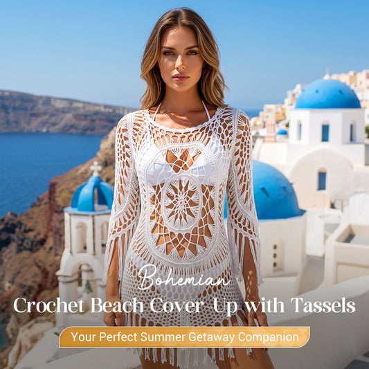 👙 50% RABATT NU! 🌊 Boho Virkad Strandklänning med Tofsar – Luftig, flödande & bohemisk chic – perfekt vid poolen, stranden eller på sommarsemester – justerbar passform 🧶