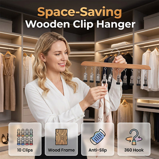 🏠 KÖP 1, FÅ 1 GRATIS! 👔 Multi-clip wooden hanger – Utrymmessparande klädhängare med 10 klämmor – Perfekt för kjolar, byxor eller accessoarer – håller garderoben snygg & organiserad ✨