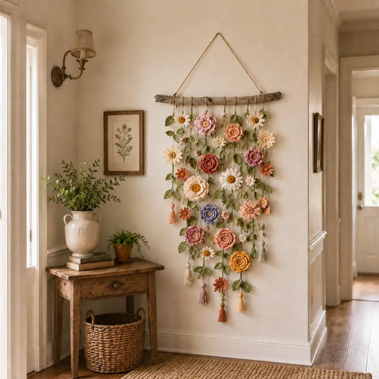 🧶 Väggdekoration med Virkat Blommönster – Handgjord Boho-charm – Perfekt för Sovrum, Vardagsrum & Barnrum – Lätt att Hänga Upp 🏡