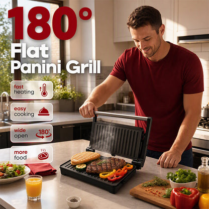 Elektrisk smörgåspress och paninimaskin med 180-graders platt grill