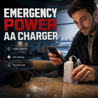 Bärbar nödladdare för mobiltelefoner – powerbank som drivs med AA-batterier och har en LED-ficklampa