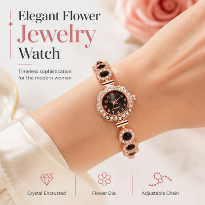 Elegant damklocka med strass och blommig bezel