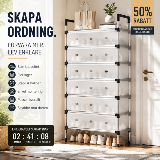 Skohylla med stor kapacitet i flera nivåer
