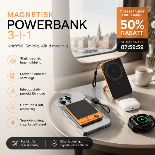 3-i-1 magnetisk trådlös portabel powerbank med inbyggt stativ